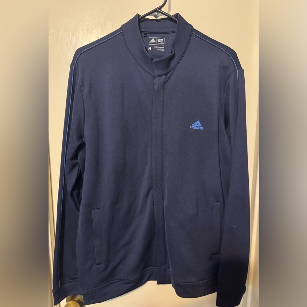 Adidas Jacket Mens Medium Full Zip Golf Knit Blue Long Sleeve Track Pockets